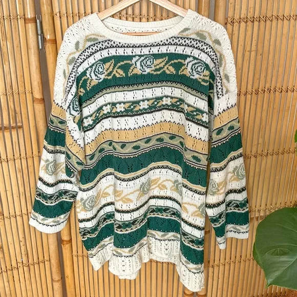 Vintage Handmade Oversized Green & White Floral Stripe Grandpa Pullover Sweater - Picture 2 of 6